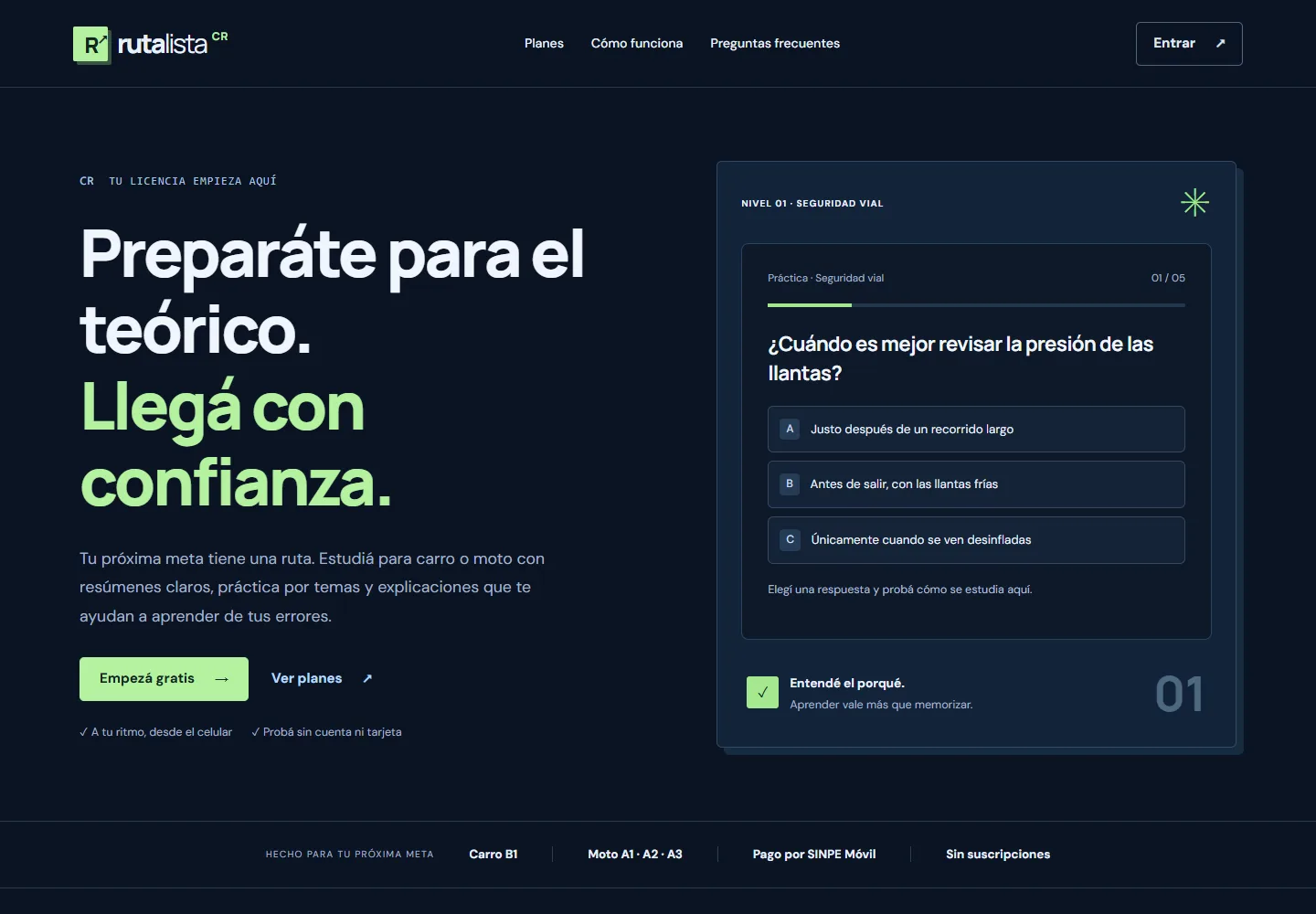 Página de Ruta Lista con sus opciones de estudio